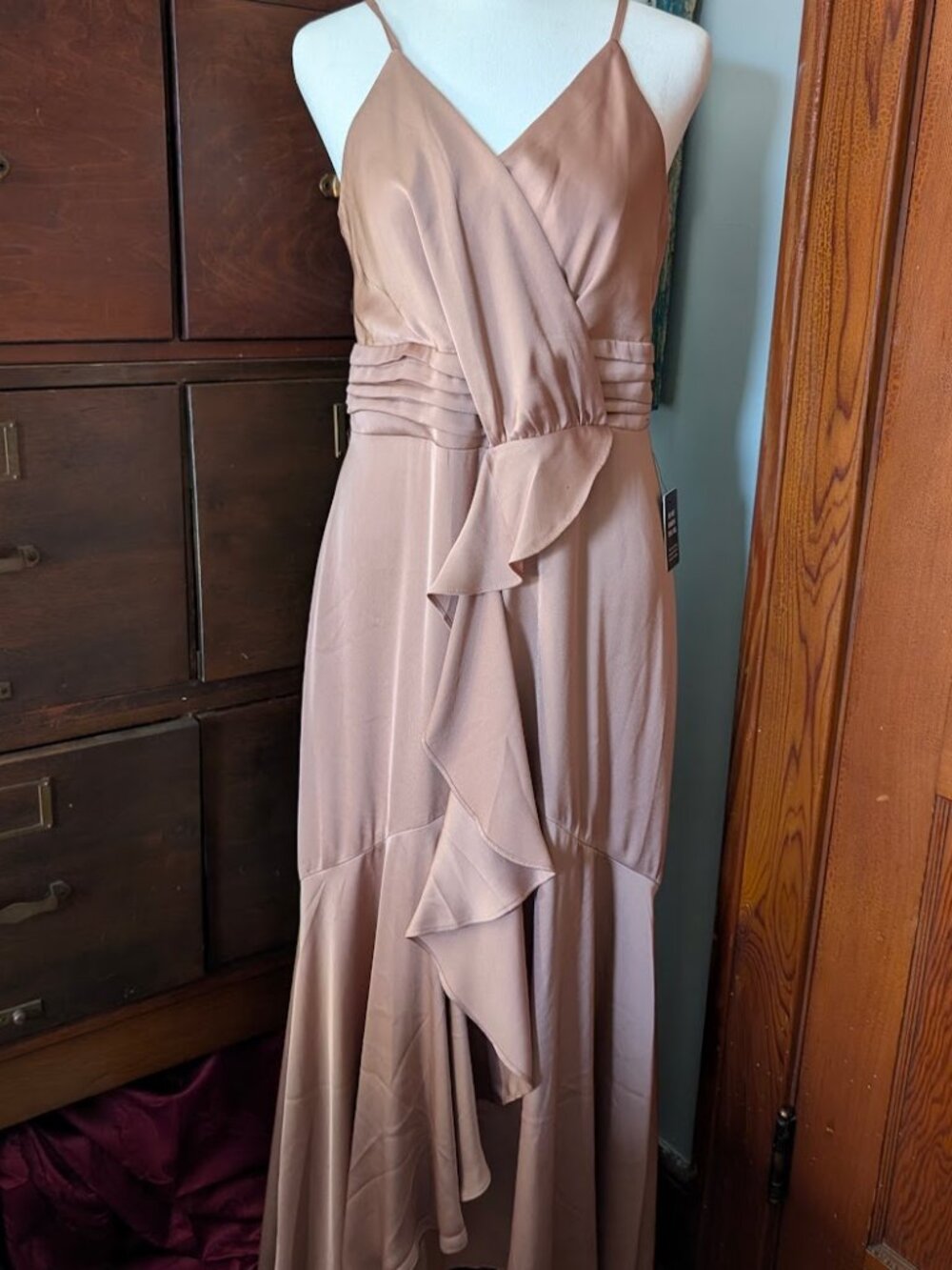 Express size medium floor length evening dress blush pink ruffle detail